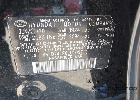 2020 Hyundai Elantra Se z USA, uszkodzony, nr VIN KMHD74LF6LU105719
